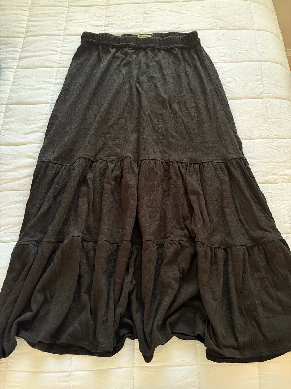 Tiered Maxi Skirt Black Textured Elastic Waist M